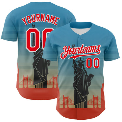 Custom Blue Fire Red-White 3D Pattern Design Patriotic American Symbol Golden Gate Bridge And Statue of Liberty Authentic Baseball Jersey - Sky-Custom