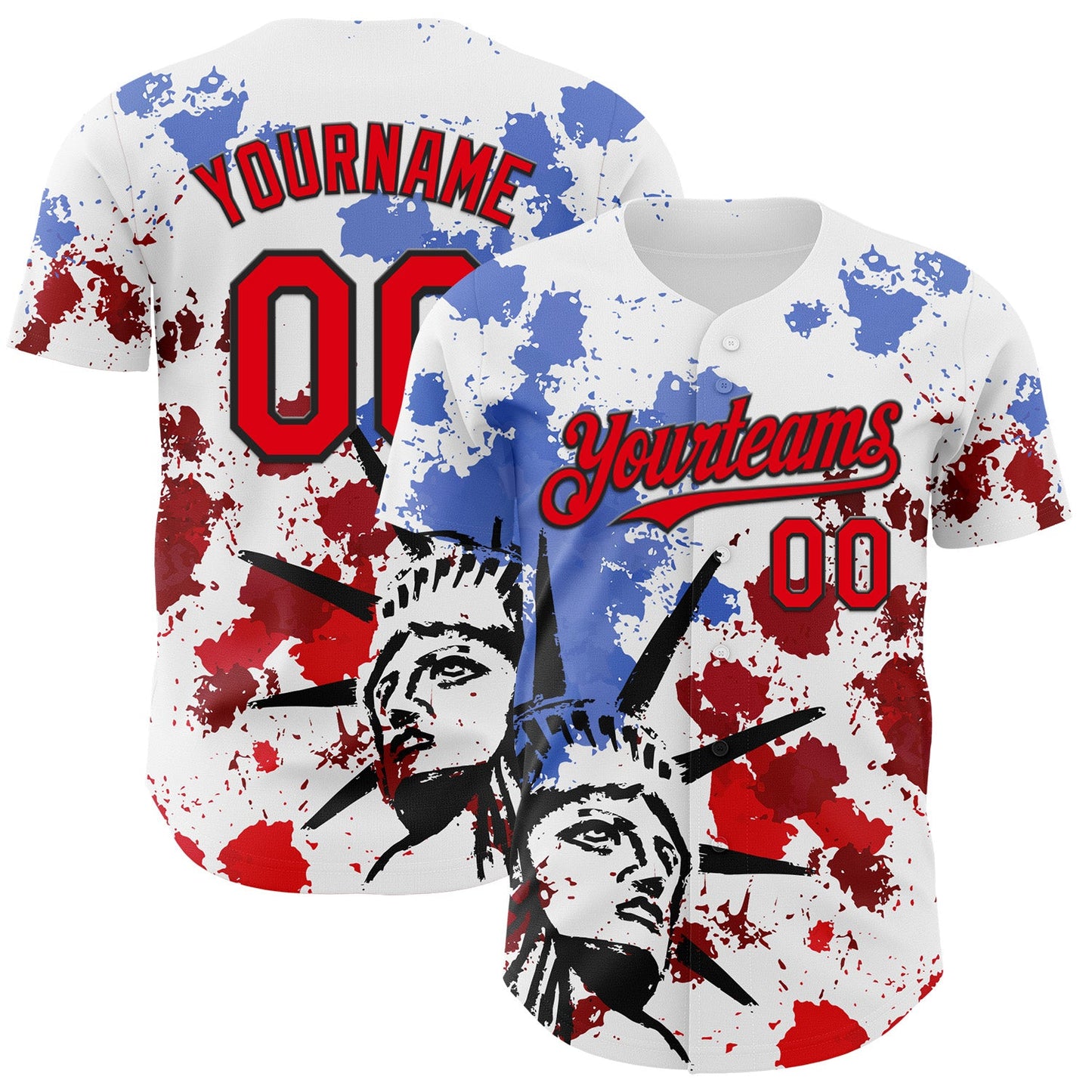 Custom White Fire Red-Black 3D Patriotic American Flag And Splatter Statue of Liberty Authentic Baseball Jersey - Sky-Custom