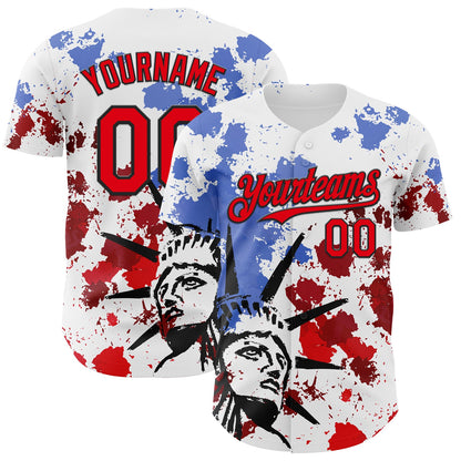 Custom White Fire Red-Black 3D Patriotic American Flag And Splatter Statue of Liberty Authentic Baseball Jersey - Sky-Custom