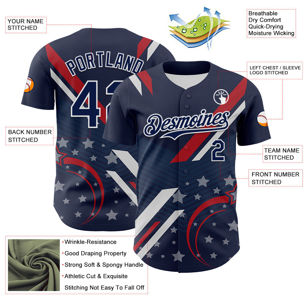 Custom Navy Red-White 3D Patriotic American Flag Authentic Baseball Jersey - Sky-Custom