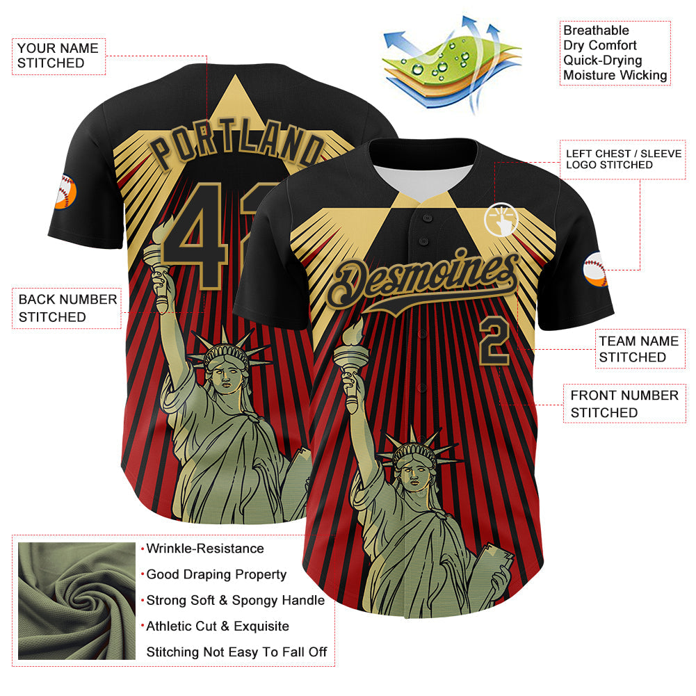 Custom Black Red-Old Gold 3D Pattern Design Patriotic American Symbol Statue of Liberty Authentic Baseball Jersey - Sky-Custom
