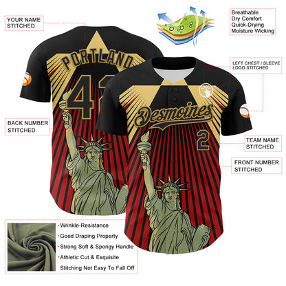 Custom Black Red-Old Gold 3D Pattern Design Patriotic American Symbol Statue of Liberty Authentic Baseball Jersey - Sky-Custom