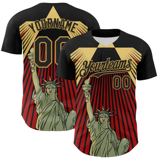 Custom Black Red-Old Gold 3D Pattern Design Patriotic American Symbol Statue of Liberty Authentic Baseball Jersey - Sky-Custom