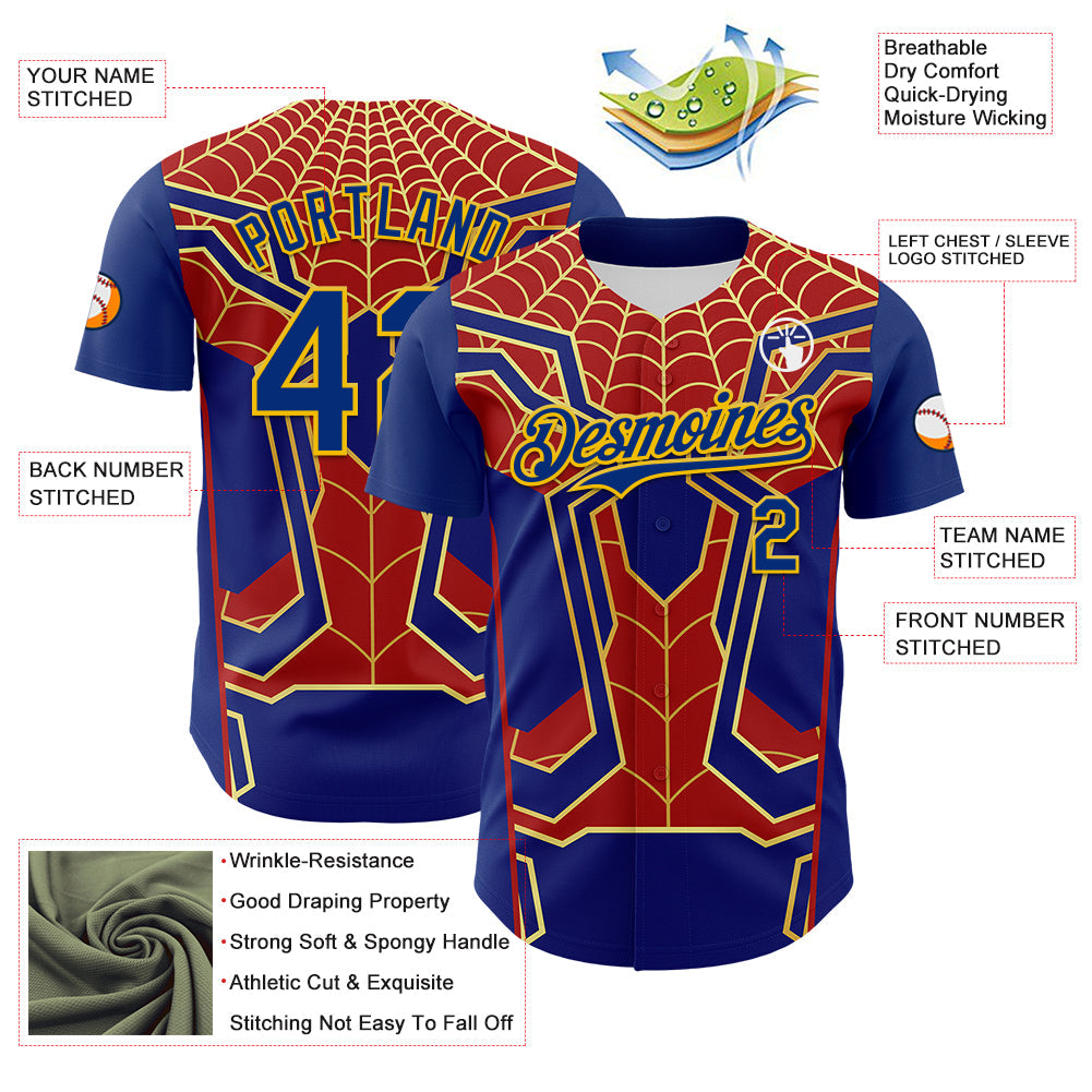 Custom Royal Yellow 3D Pattern Design Superhero Spiderman Authentic Baseball Jersey - Sky-Custom