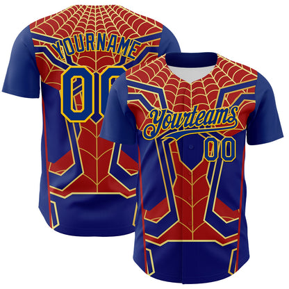 Custom Royal Yellow 3D Pattern Design Superhero Spiderman Authentic Baseball Jersey - Sky-Custom
