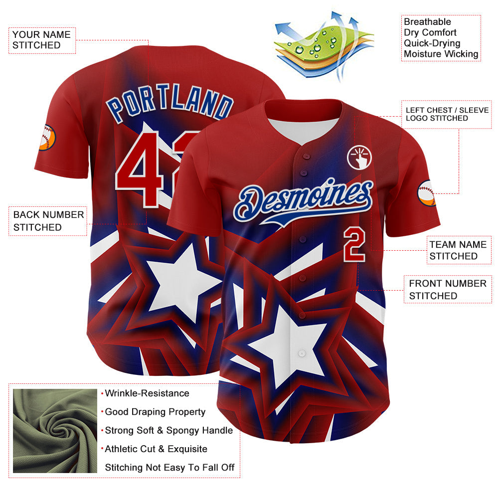 Custom Red Royal-White 3D Patriotic American Flag And Star Authentic Baseball Jersey - Sky-Custom