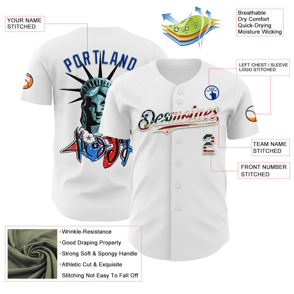 Custom White Vintage USA Flag-Royal 3D Patriotic Statue of Liberty Authentic Baseball Jersey - Sky-Custom