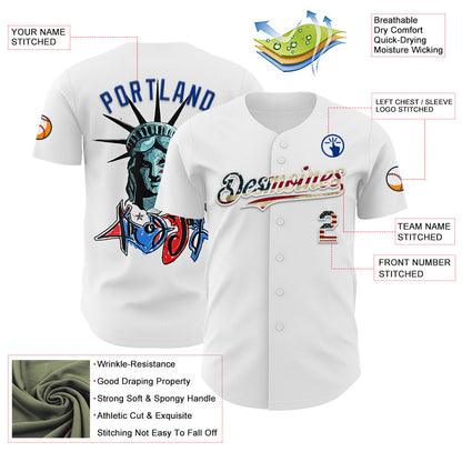 Custom White Vintage USA Flag-Royal 3D Patriotic Statue of Liberty Authentic Baseball Jersey - Sky-Custom