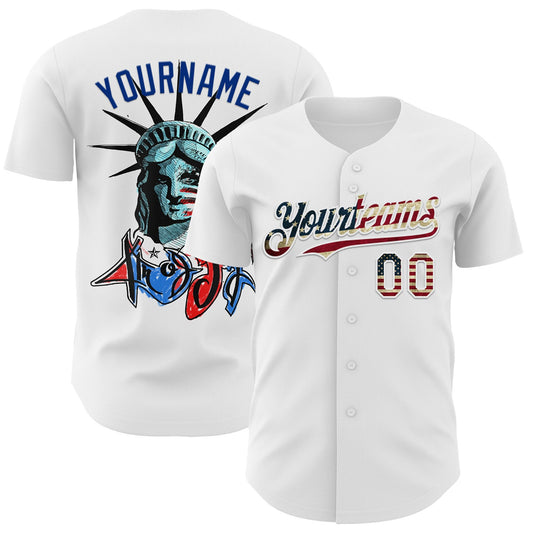 Custom White Vintage USA Flag-Royal 3D Patriotic Statue of Liberty Authentic Baseball Jersey - Sky-Custom