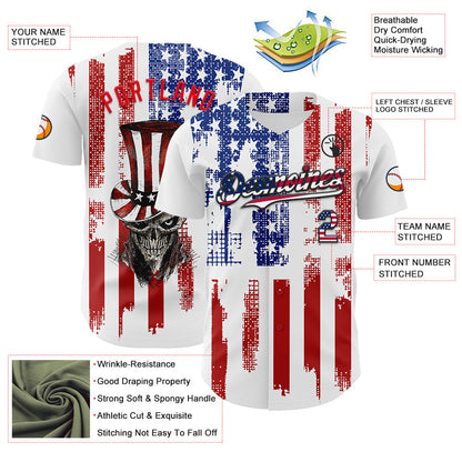Custom White USA Flag Fire Red-Black 3D Patriotic Skull Authentic Baseball Jersey - Sky-Custom