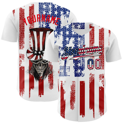 Custom White USA Flag Fire Red-Black 3D Patriotic Skull Authentic Baseball Jersey - Sky-Custom