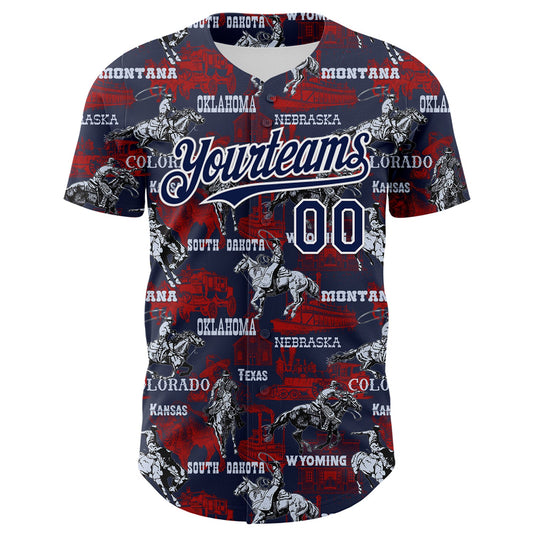 Custom Navy White 3D Pattern Design Patriotic American Spirit Rodeo Cowboy Authentic Baseball Jersey - Sky-Custom