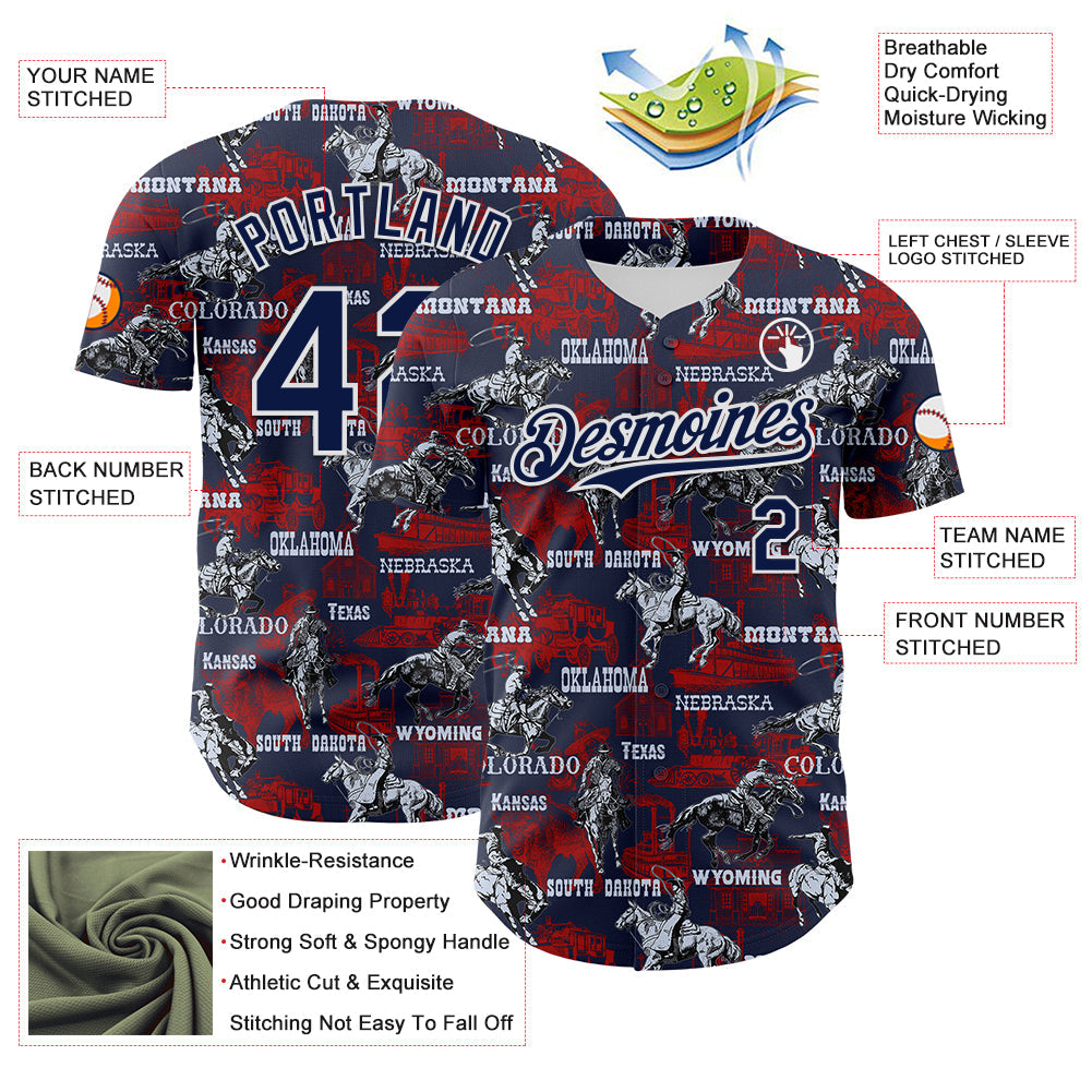 Custom Navy White 3D Pattern Design Patriotic American Spirit Rodeo Cowboy Authentic Baseball Jersey - Sky-Custom