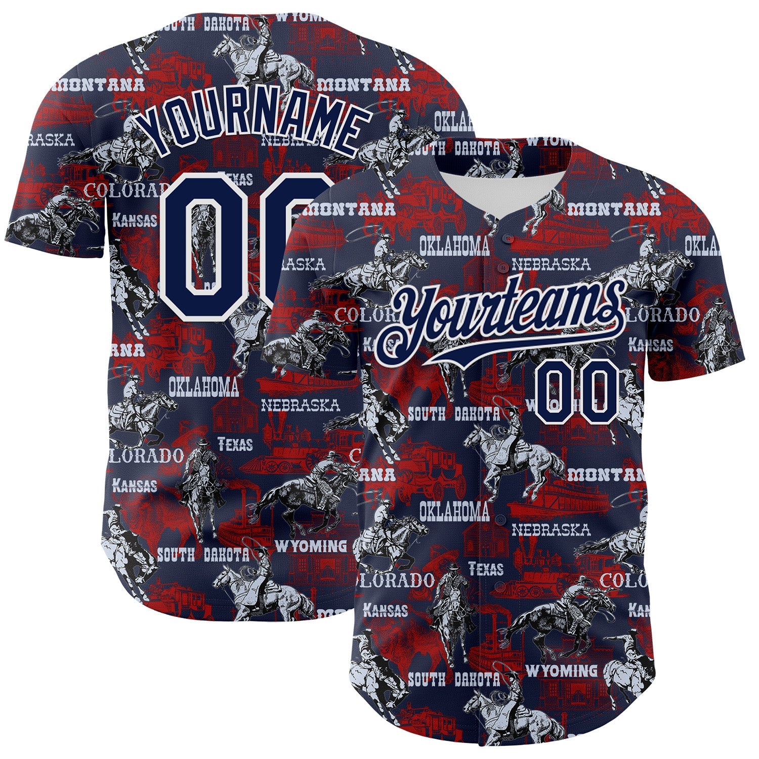 Custom Navy White 3D Pattern Design Patriotic American Spirit Rodeo Cowboy Authentic Baseball Jersey - Sky-Custom