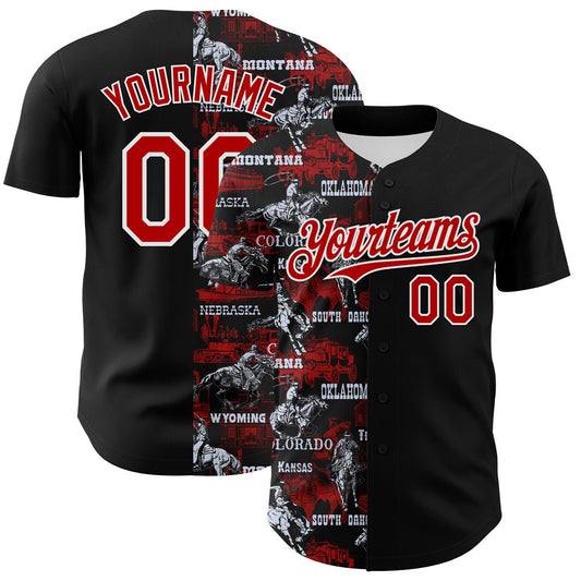 Custom Black Red-White 3D Pattern Design Patriotic American Spirit Rodeo Cowboy Authentic Baseball Jersey - Sky-Custom