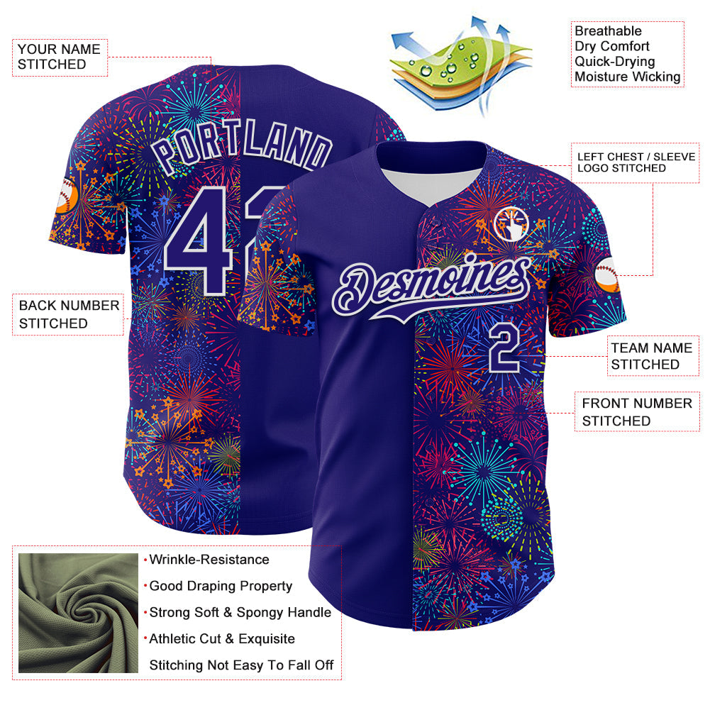 Custom Dark Purple White 3D Pattern Design Patriotic American Spirit Firework Authentic Baseball Jersey - Sky-Custom