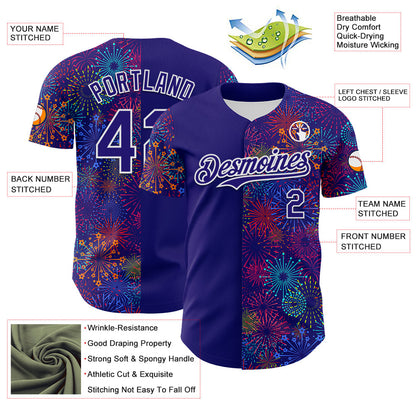 Custom Dark Purple White 3D Pattern Design Patriotic American Spirit Firework Authentic Baseball Jersey - Sky-Custom
