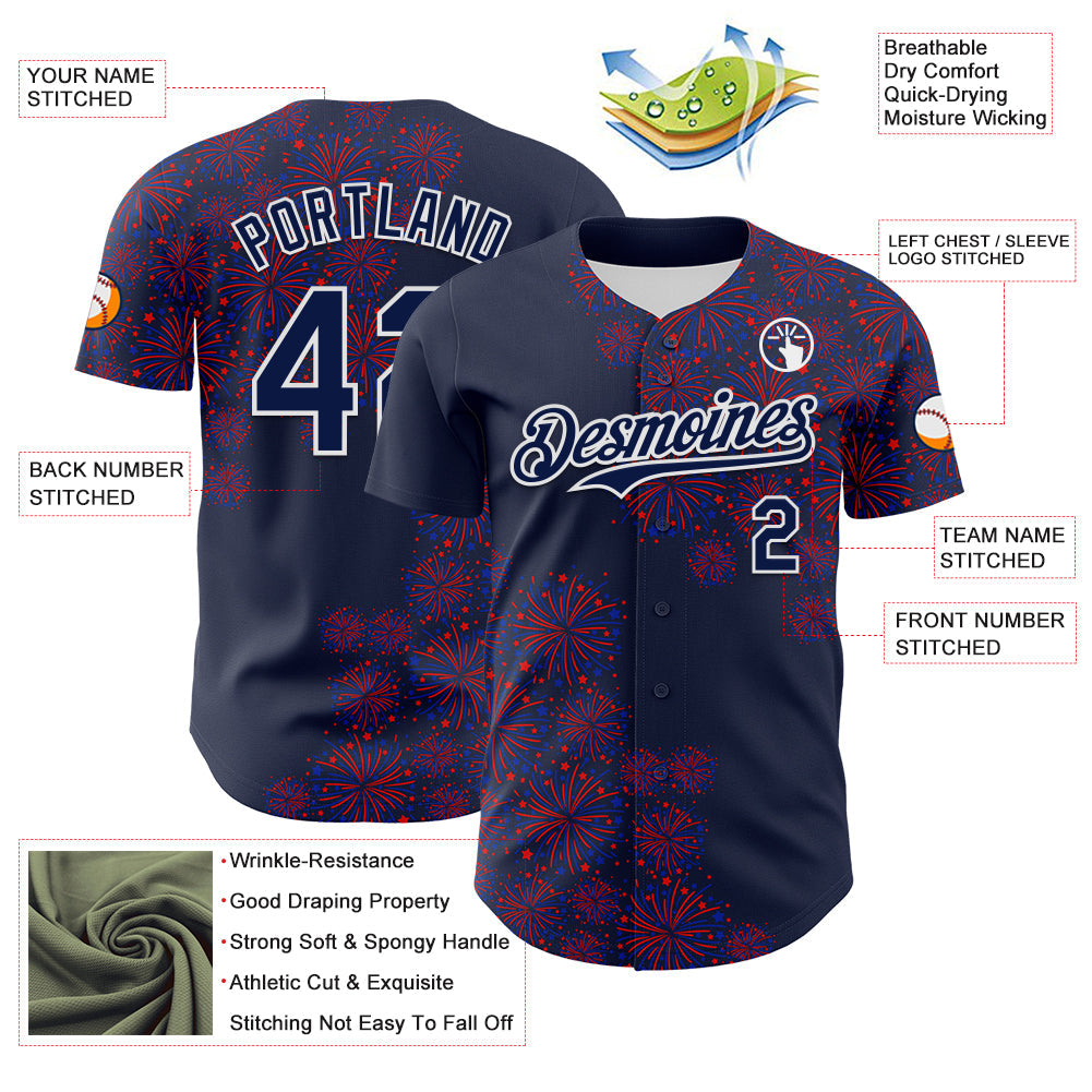 Custom Navy White 3D Pattern Design Patriotic American Spirit Firework Authentic Baseball Jersey - Sky-Custom