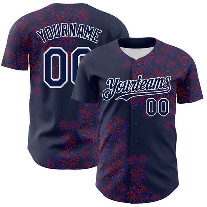 Custom Navy White 3D Pattern Design Patriotic American Spirit Firework Authentic Baseball Jersey - Sky-Custom