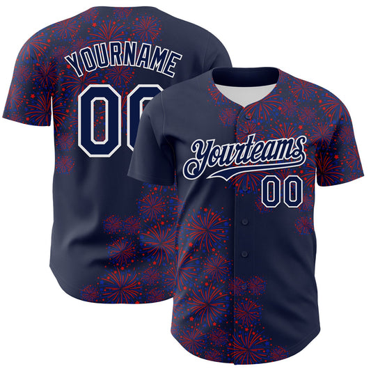 Custom Navy White 3D Pattern Design Patriotic American Spirit Firework Authentic Baseball Jersey - Sky-Custom