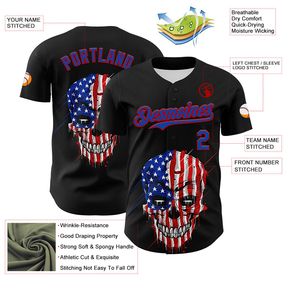 Custom Black Thunder Blue-Red 3D Patriotic Skull American Flag Authentic Baseball Jersey - Sky-Custom