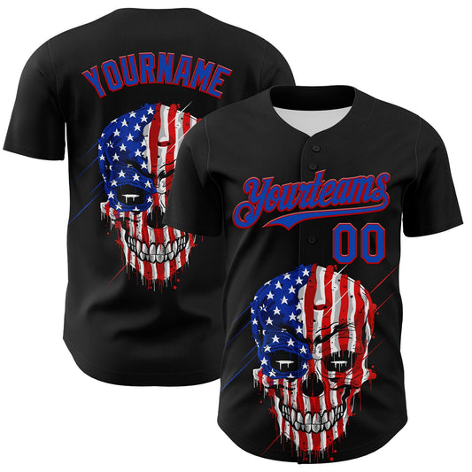 Custom Black Thunder Blue-Red 3D Patriotic Skull American Flag Authentic Baseball Jersey - Sky-Custom