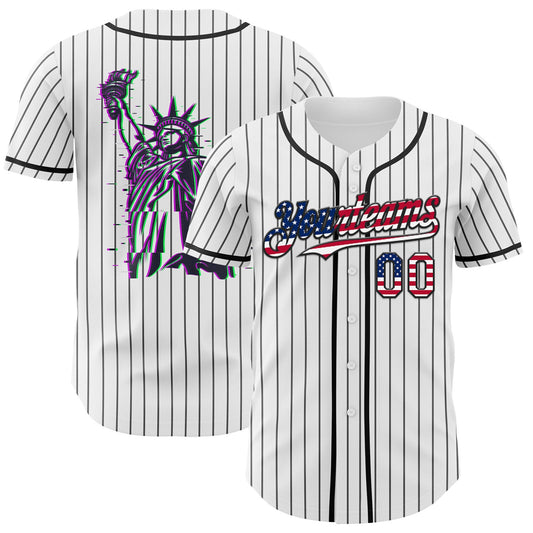 Custom White Gray Pinstripe USA Flag-Black 3D Patriotic American Symbol Statue of Liberty Authentic Baseball Jersey - Sky-Custom