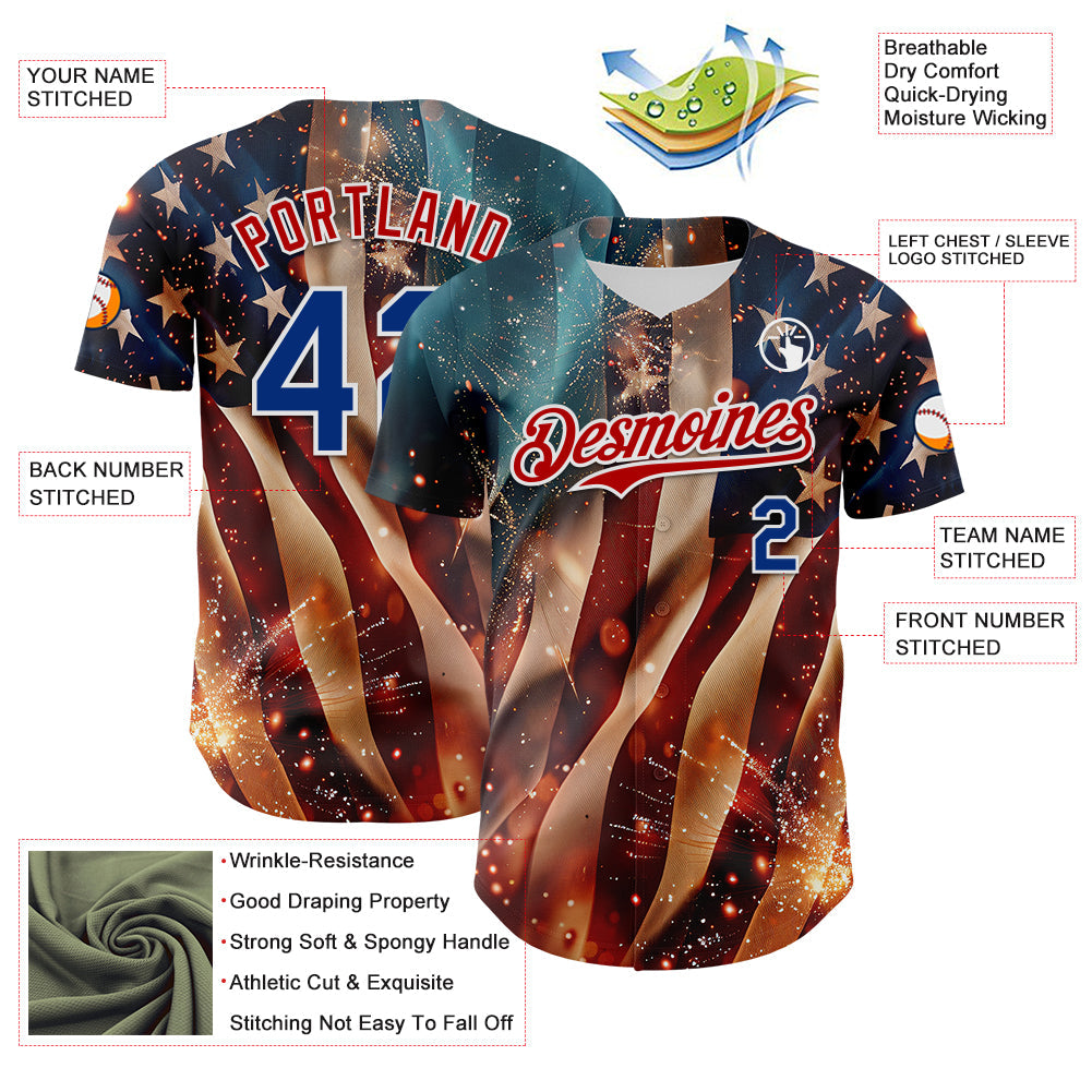 Custom Blue Royal Red-White 3D Patriotic American Flag Authentic Baseball Jersey - Sky-Custom