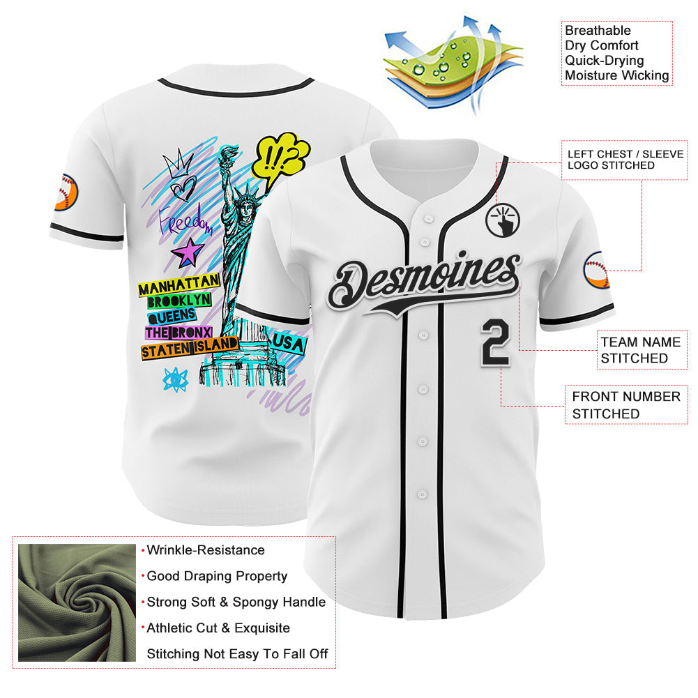 Custom White Black 3D Pattern Design Patriotic American Symbol Statue of Liberty Authentic Baseball Jersey - Sky-Custom