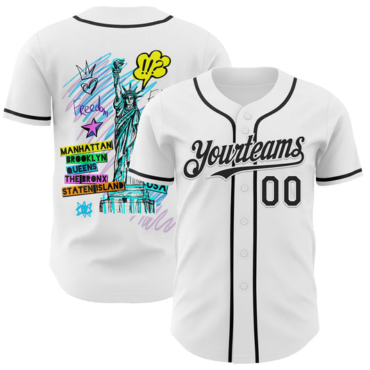 Custom White Black 3D Pattern Design Patriotic American Symbol Statue of Liberty Authentic Baseball Jersey - Sky-Custom