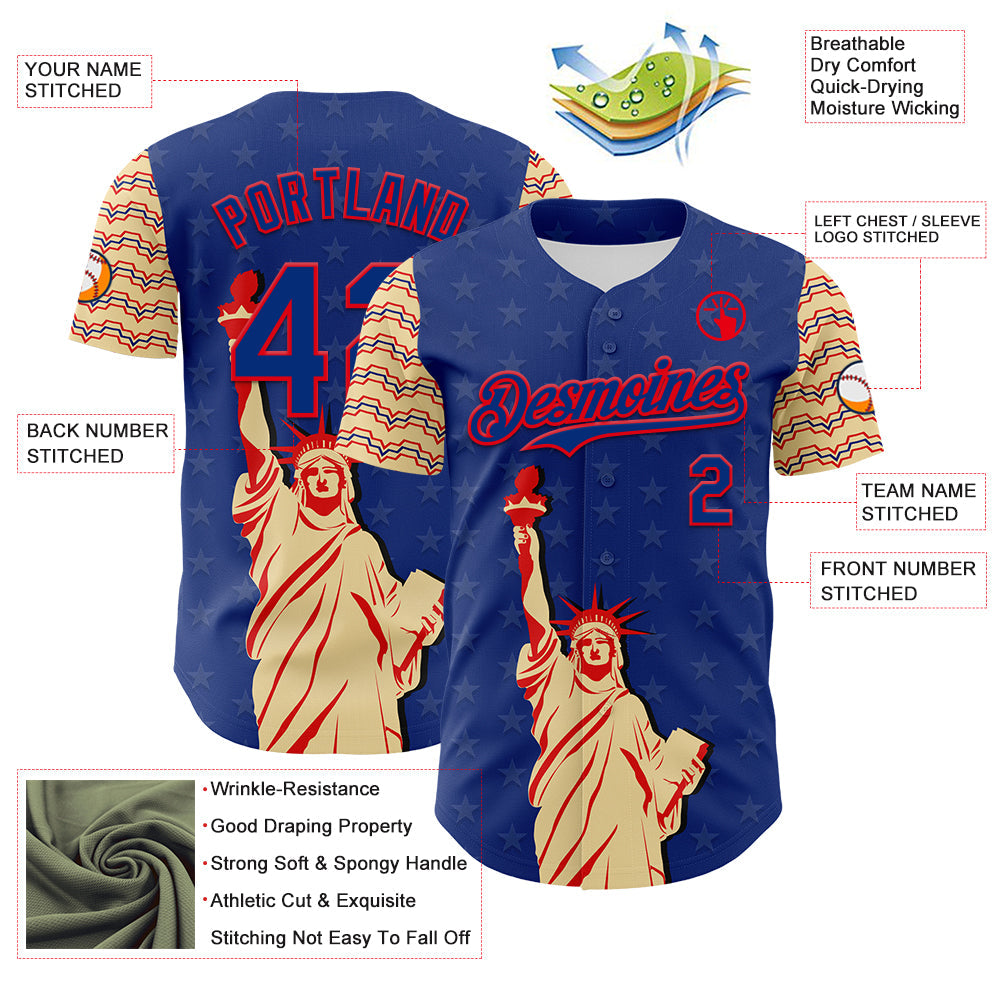 Custom Royal Fire Red-Cream 3D Pattern Design Patriotic American Symbol Statue of Liberty Authentic Baseball Jersey - Sky-Custom