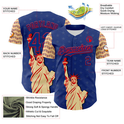 Custom Royal Fire Red-Cream 3D Pattern Design Patriotic American Symbol Statue of Liberty Authentic Baseball Jersey - Sky-Custom