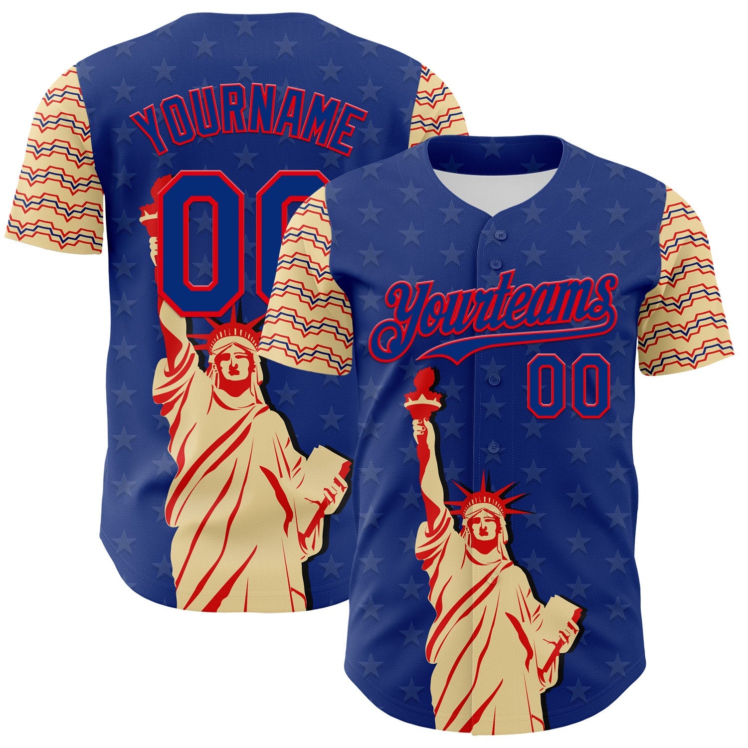 Custom Royal Fire Red-Cream 3D Pattern Design Patriotic American Symbol Statue of Liberty Authentic Baseball Jersey - Sky-Custom