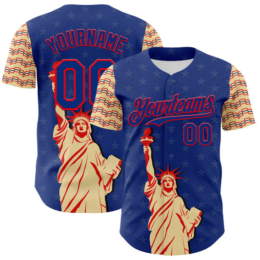 Custom Royal Fire Red-Cream 3D Pattern Design Patriotic American Symbol Statue of Liberty Authentic Baseball Jersey - Sky-Custom