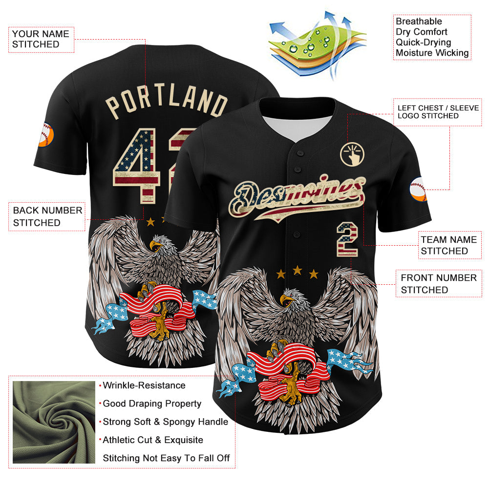 Custom Black Vintage USA Flag-Cream 3D Patriotic American Symbol Eagle Authentic Baseball Jersey - Sky-Custom
