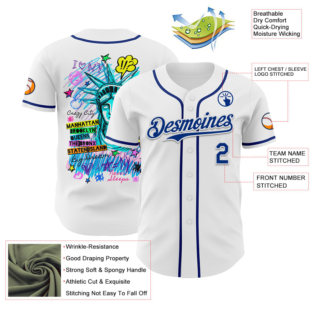 Custom White Royal 3D Pattern Design Patriotic American Symbol Statue of Liberty Authentic Baseball Jersey - Sky-Custom
