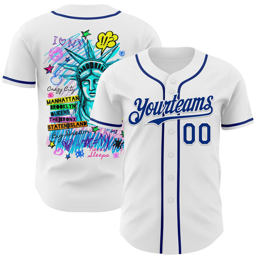 Custom White Royal 3D Pattern Design Patriotic American Symbol Statue of Liberty Authentic Baseball Jersey - Sky-Custom