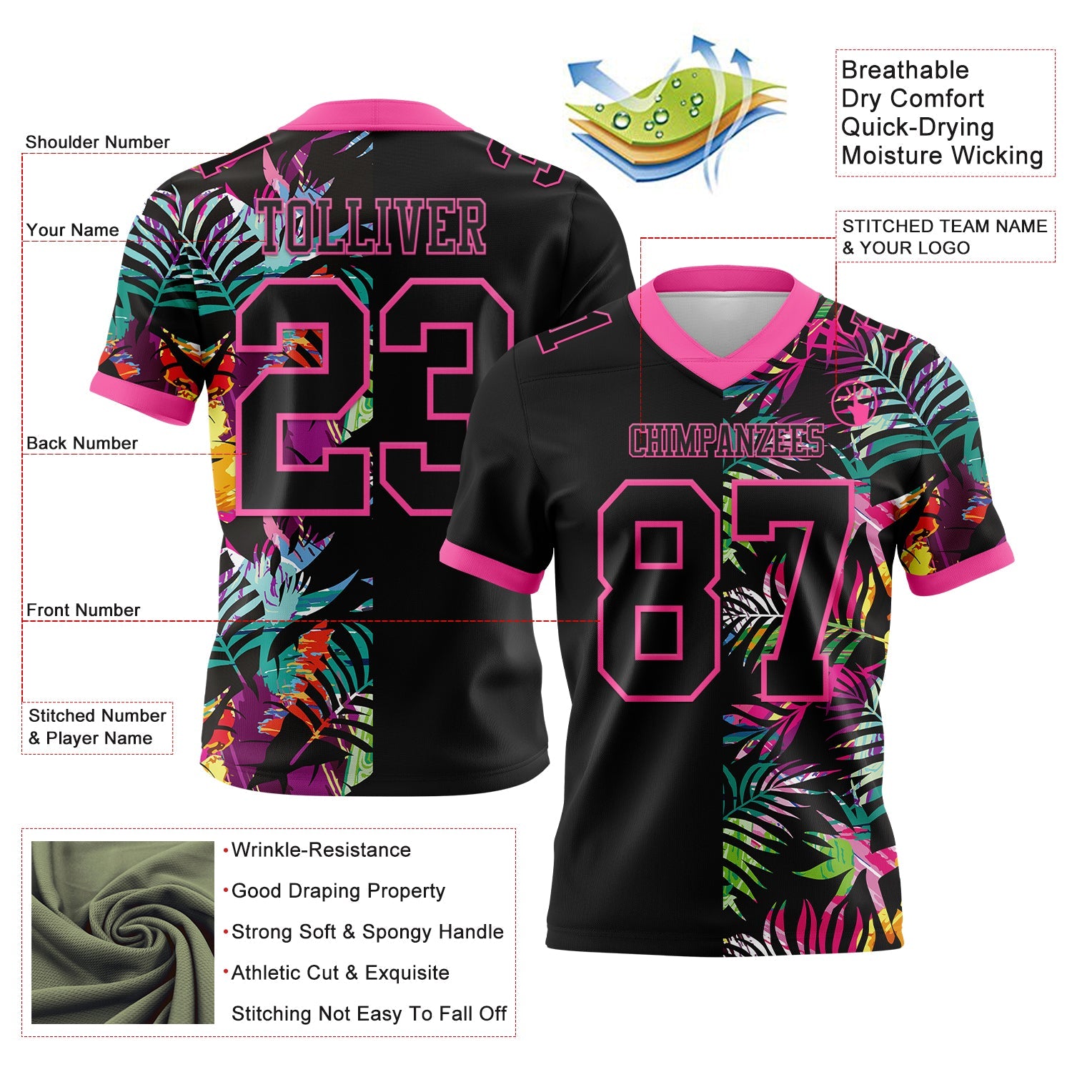 Custom Black Pink 3D Pattern Tropical Palm Leaves Mesh Authentic Football Jersey - Sky-Custom