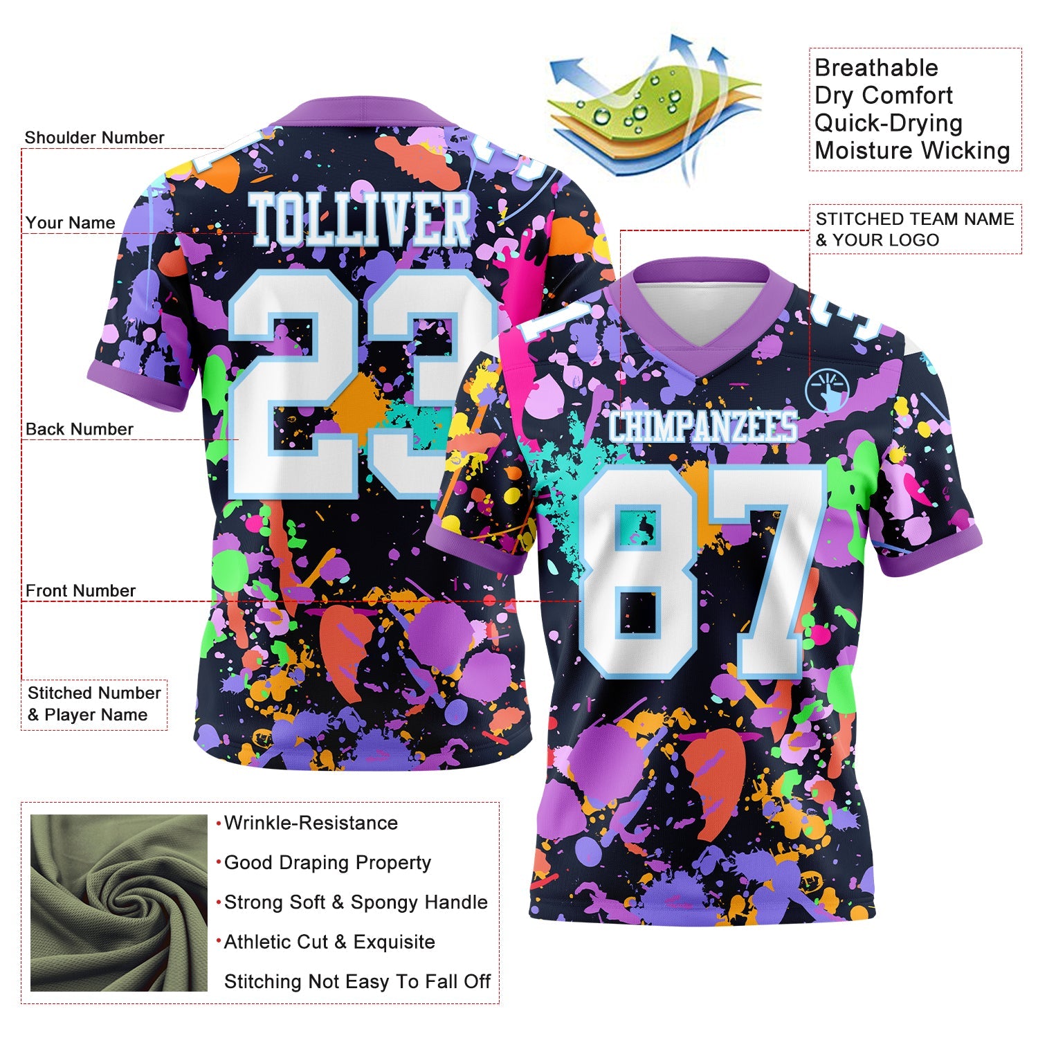 Custom Graffiti Pattern White Light Blue-Medium Purple 3D Pattern Splash Mesh Authentic Football Jersey - Sky-Custom