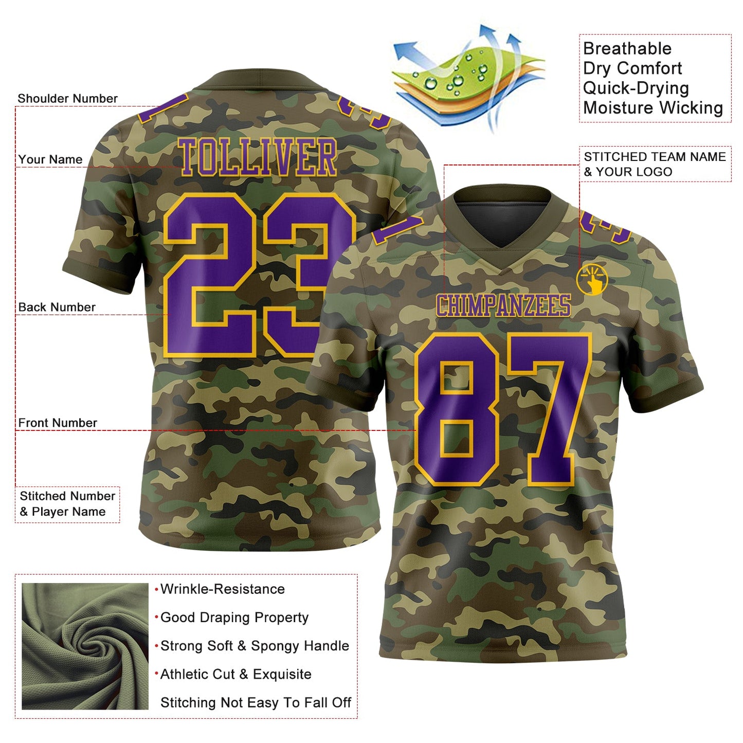 Custom Camo Purple-Yellow 3D Pattern Salute To Service Mesh Authentic Football Jersey - Sky-Custom