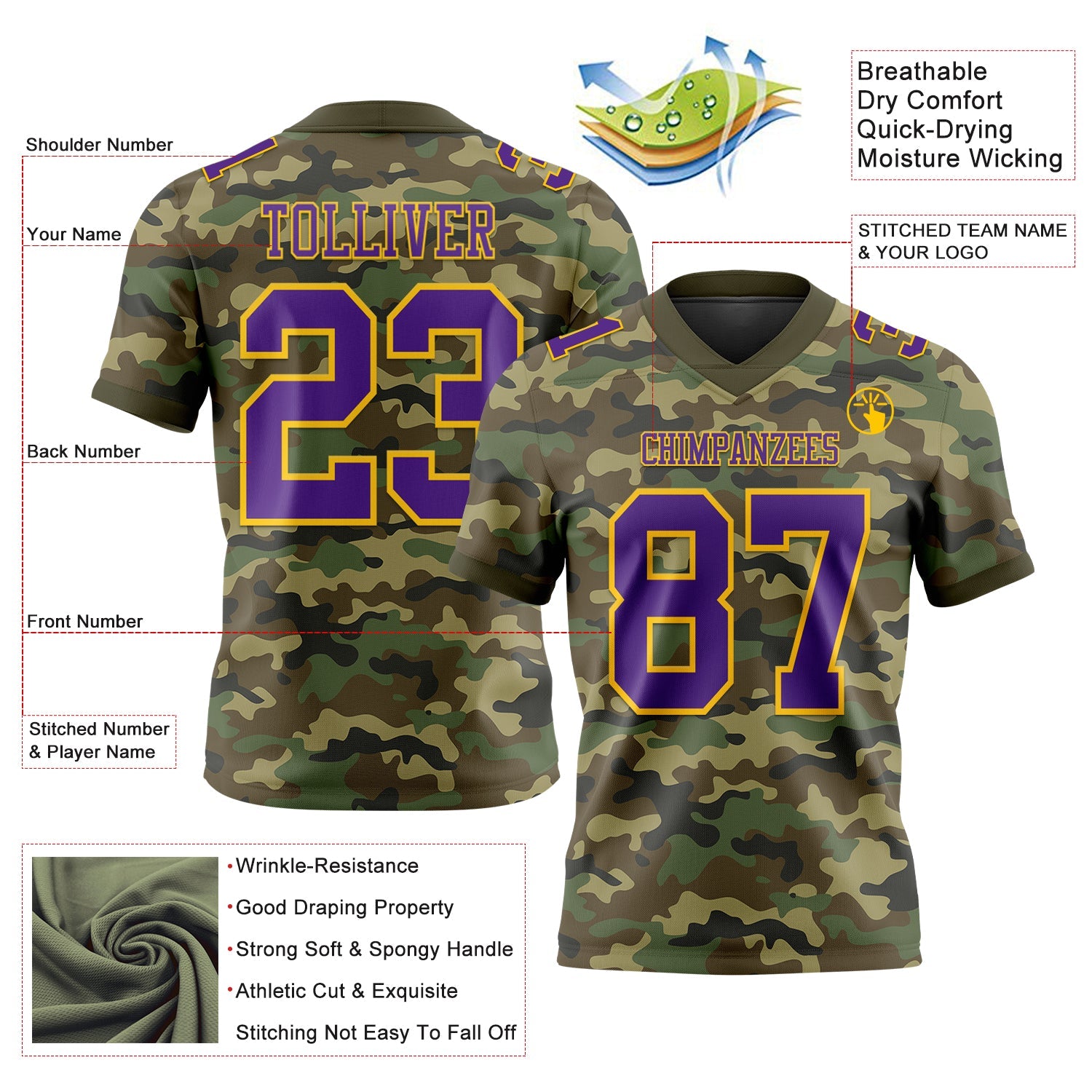 Custom Camo Purple-Yellow 3D Pattern Salute To Service Mesh Authentic Football Jersey - Sky-Custom