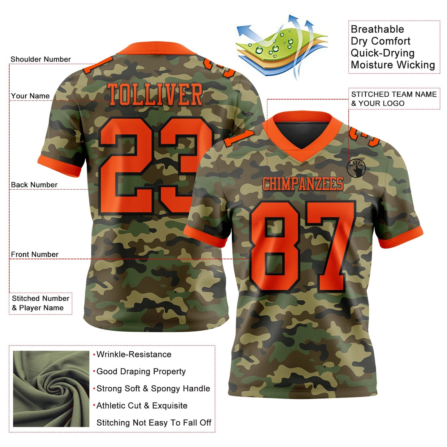 Custom Camo Orange-Black 3D Pattern Salute To Service Mesh Authentic Football Jersey - Sky-Custom