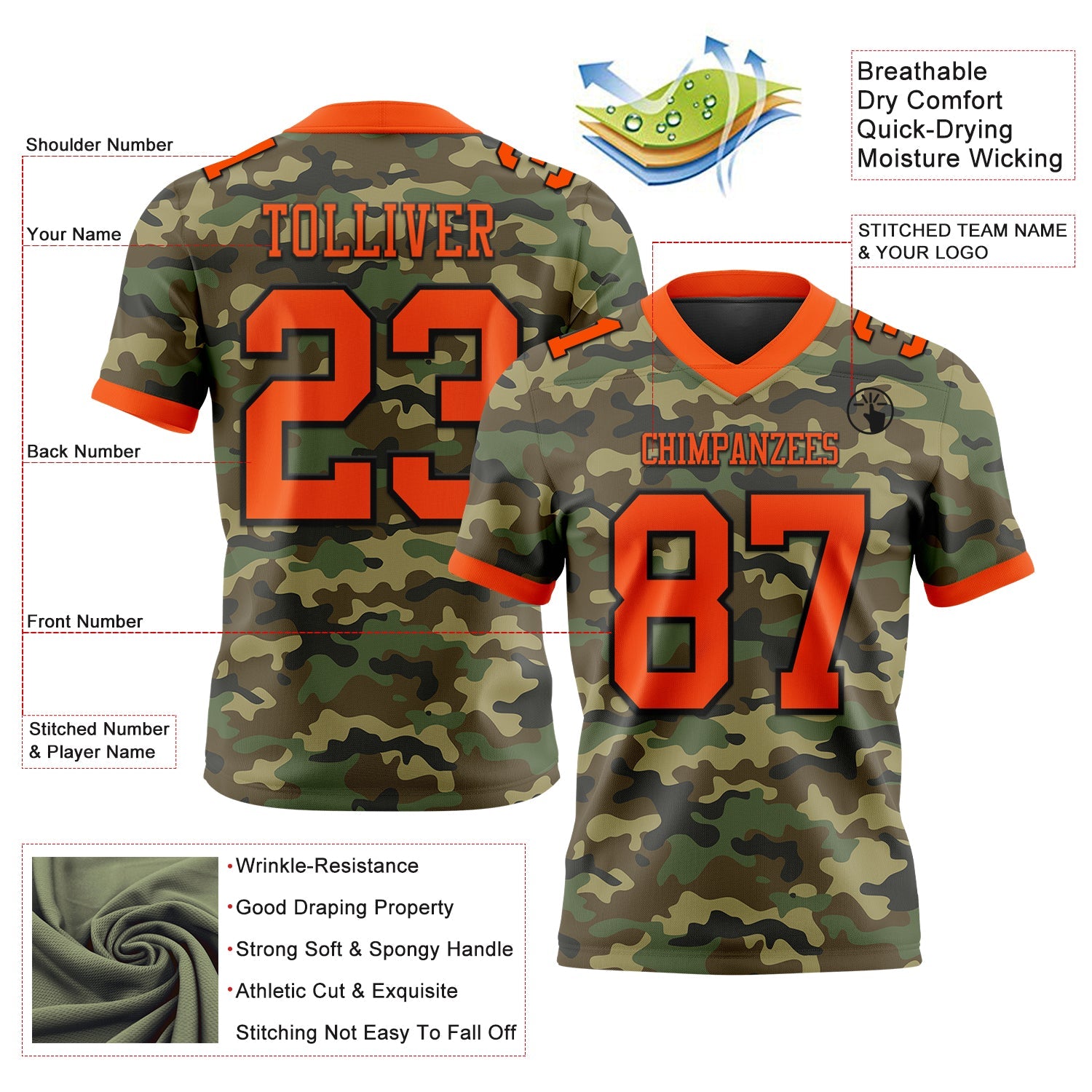 Custom Camo Orange-Black 3D Pattern Salute To Service Mesh Authentic Football Jersey - Sky-Custom