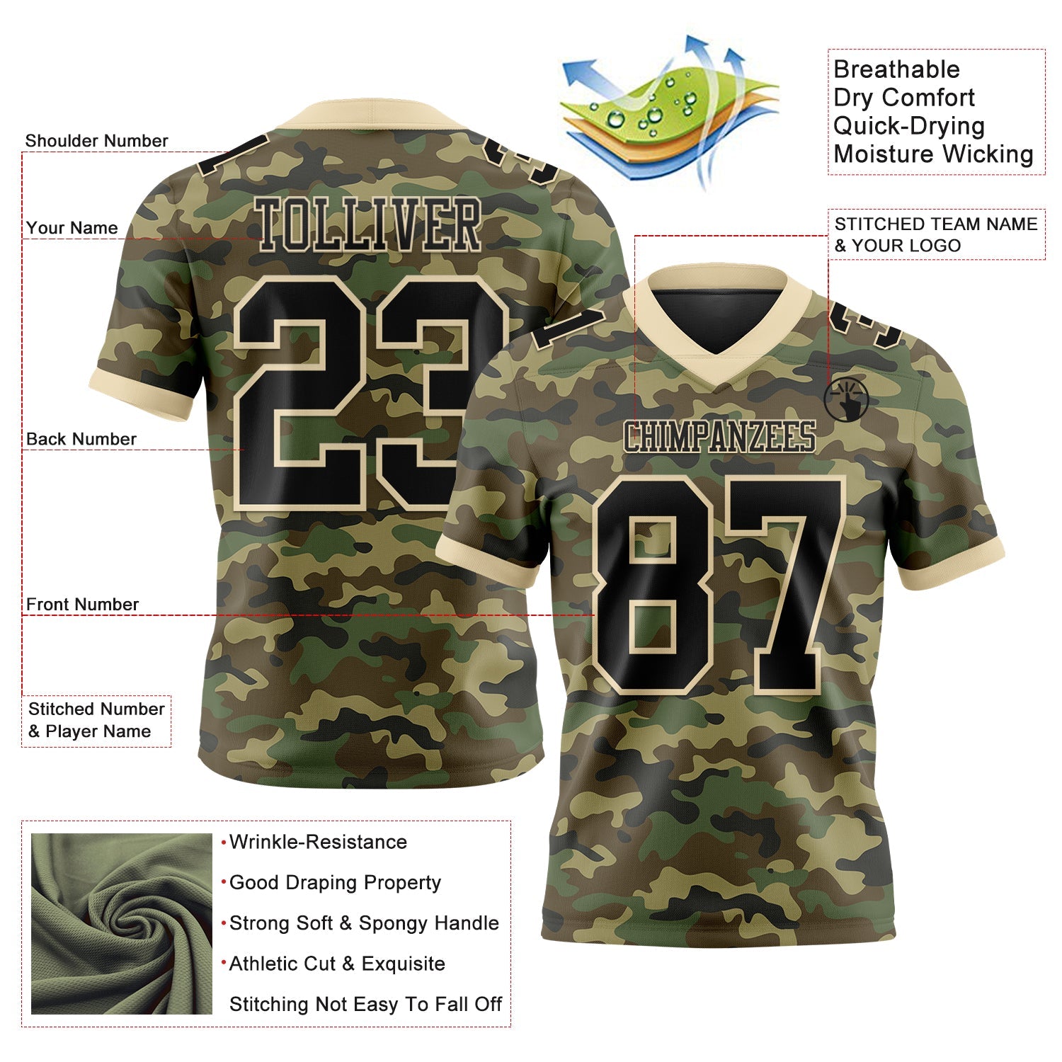 Custom Camo Black-Cream 3D Pattern Salute To Service Mesh Authentic Football Jersey - Sky-Custom