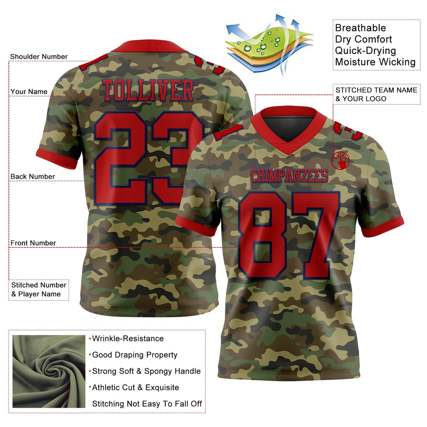 Custom Camo Red-Navy 3D Pattern Salute To Service Mesh Authentic Football Jersey - Sky-Custom