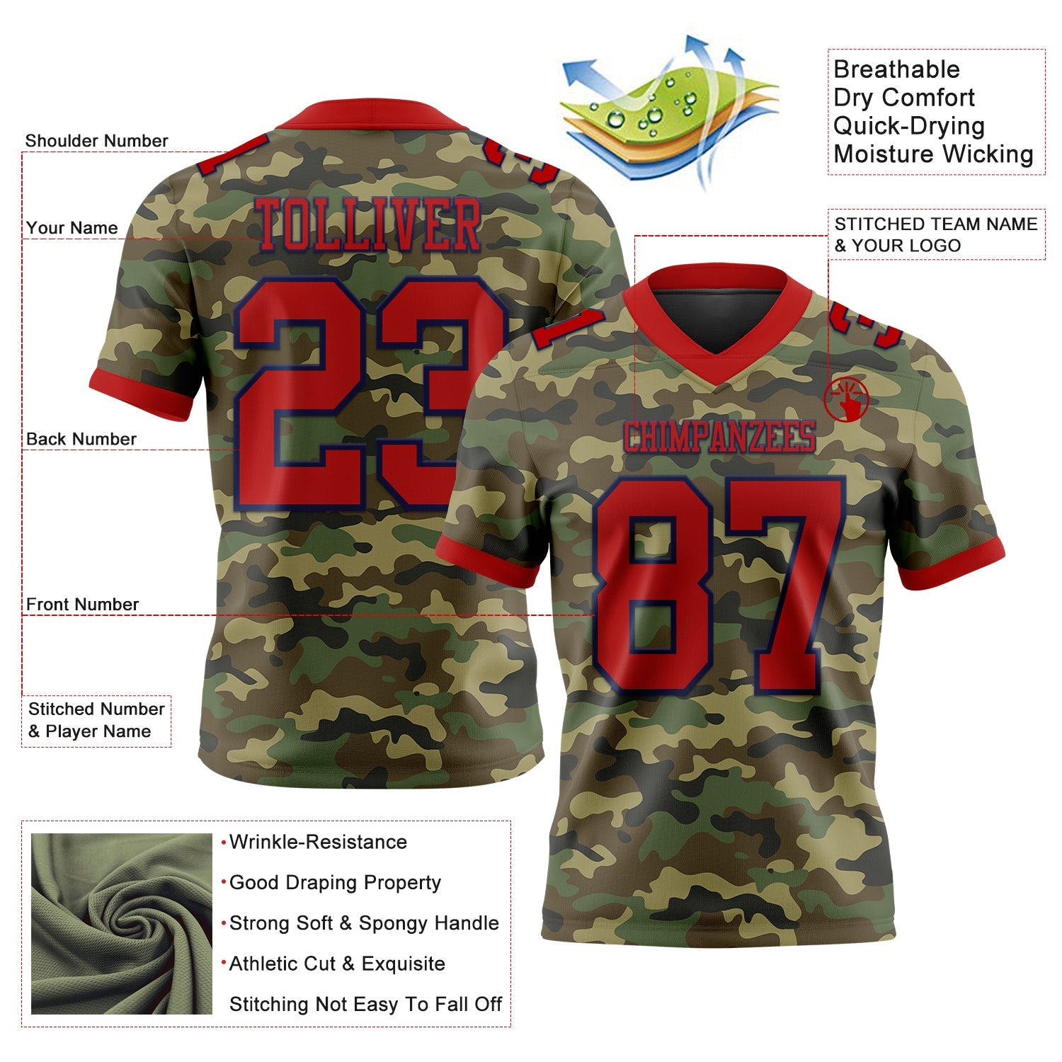 Custom Camo Red-Navy 3D Pattern Salute To Service Mesh Authentic Football Jersey - Sky-Custom