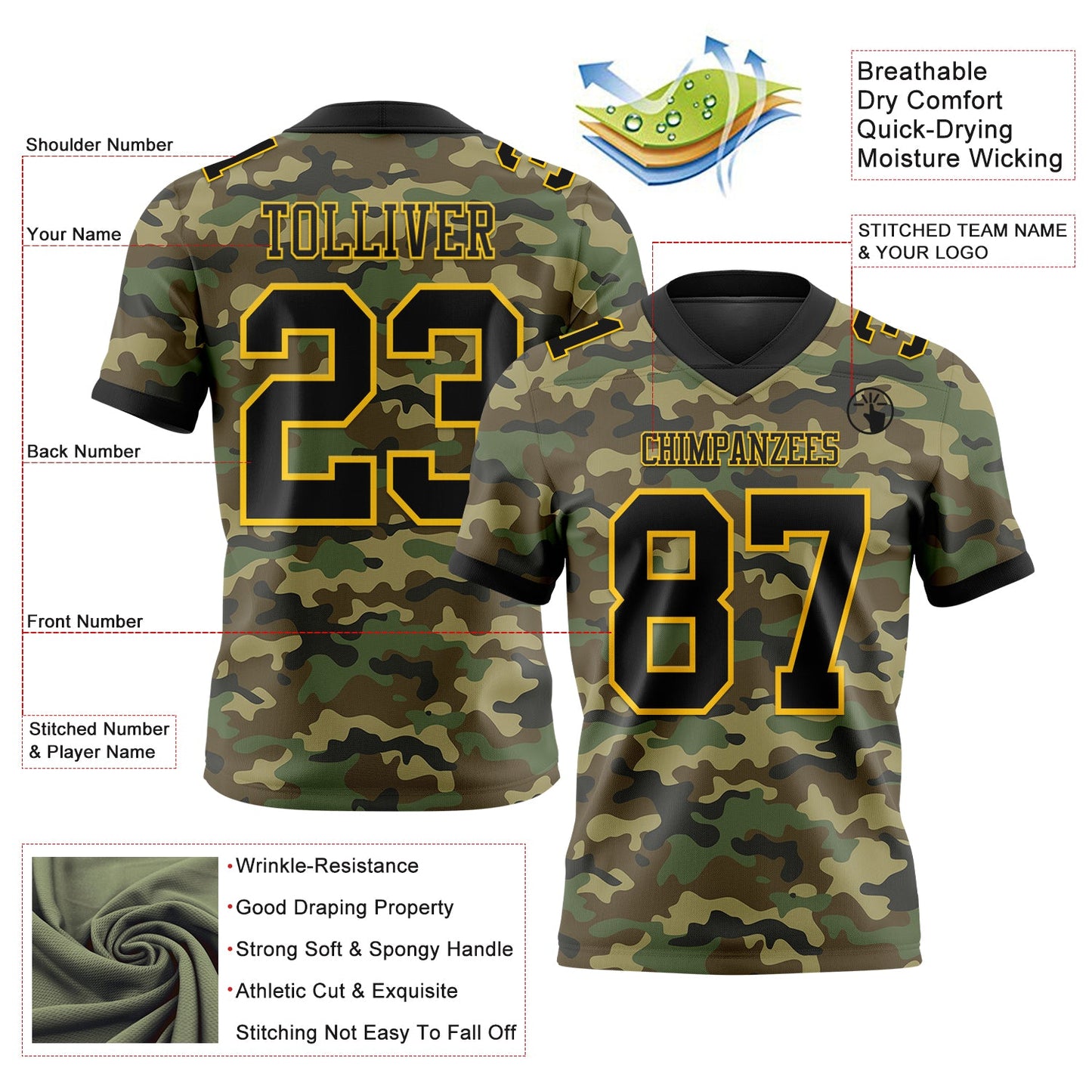 Custom Camo Black-Yellow 3D Pattern Salute To Service Mesh Authentic Football Jersey - Sky-Custom