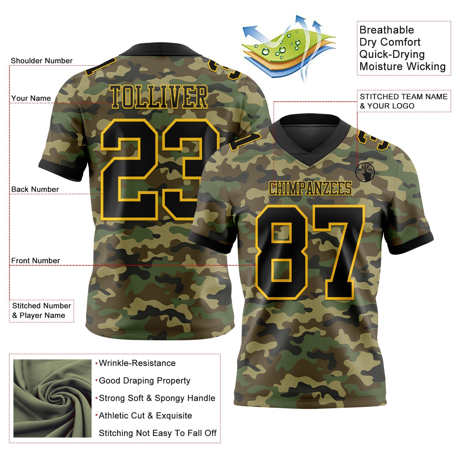 Custom Camo Black-Yellow 3D Pattern Salute To Service Mesh Authentic Football Jersey - Sky-Custom