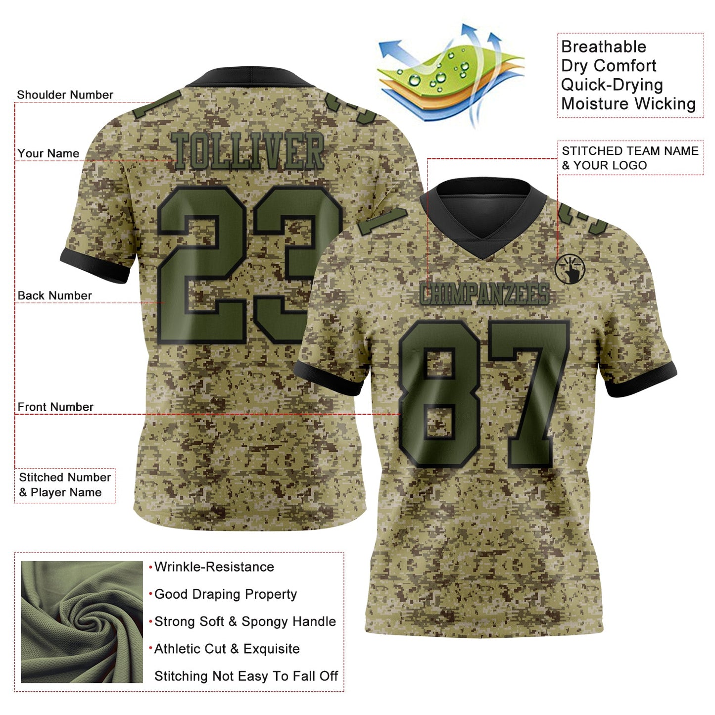 Custom Camo Olive-Black 3D Pattern Salute To Service Mesh Authentic Football Jersey - Sky-Custom