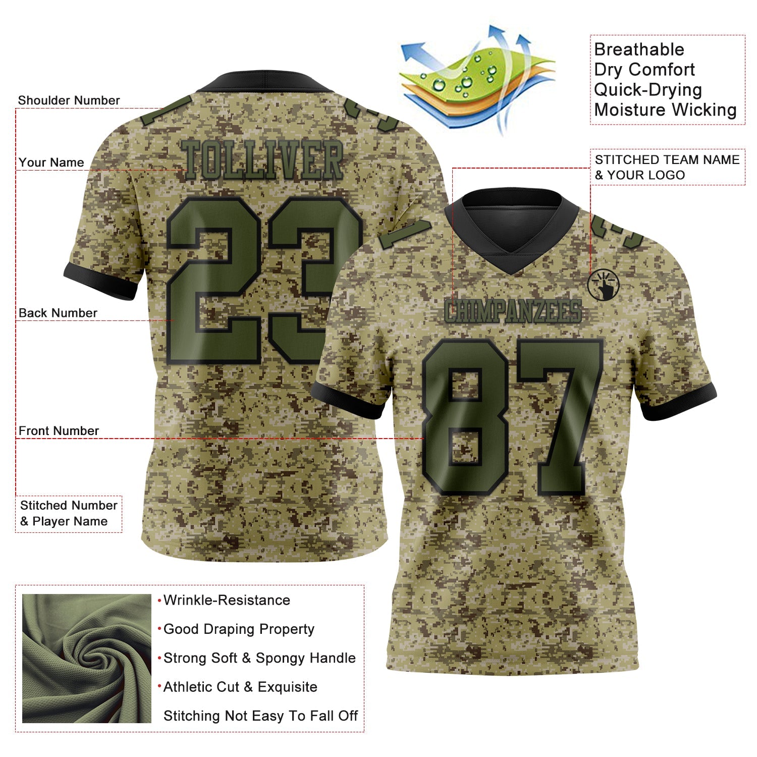 Custom Camo Olive-Black 3D Pattern Salute To Service Mesh Authentic Football Jersey - Sky-Custom
